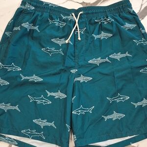 Old Navy 8" Shark Print Swim Trunks, Teal